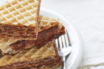 Stack of wafer sheets filled with caramelized sugar and hazelnut cream served on white plate. Copy space