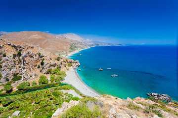 Panorama of Preveli beach at Libyan sea, river and palm forest, southern Crete , Greece - obrazy, fototapety, plakaty