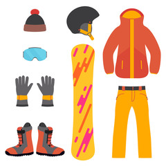 Set of snowboarding equipment icons on white background. Isolated snowboard and ski sport clothes and tools elements. Winter sport concept. Vector illustration.