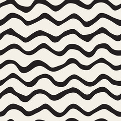 Vector Seamless Black and White Hand Drawn Wavy Lines Pattern