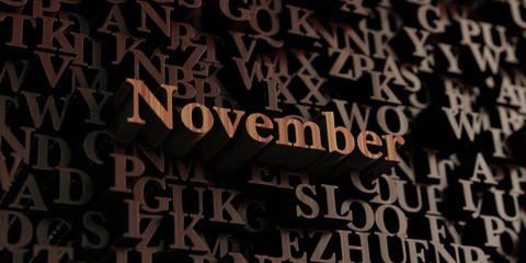 November - Wooden 3D rendered letters/message.  Can be used for an online banner ad or a print postcard.