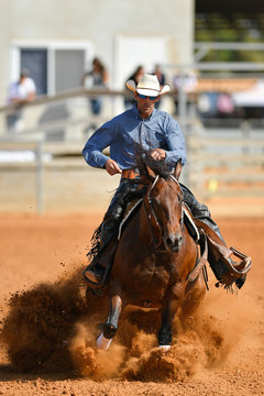The front view of a rider in cowboy chaps, boots and hat on a horseback running ahead and stopping the horse in the dust.
