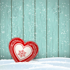 Christmas motive in scandinavian style, red and white decorated heart in front of wooden wall, illustration