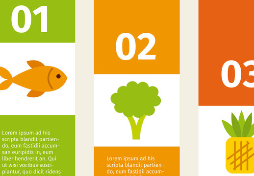 Vertical Tab Nutrition Infographic with Fish and Produce Icons
