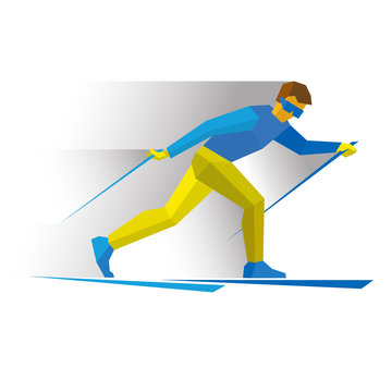 Winter sports - Skiing. Cartoon skier running. Athlete in blue and yellow runs on skis. Flat style vector clip art isolated on white background.