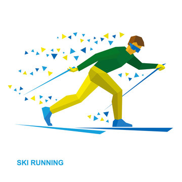 Winter sports - Skiing. Cartoon skier running. Athlete in green and yelow runs on skis. Flat style vector clip art isolated on white background.