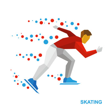 Winter sports - skating. Cartoon skater running. Athlete in red and white runs on skates. Flat style vector clip art isolated on white background.