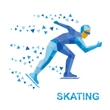Winter sports - skating. Cartoon skater running. Athlete with blue patterns runs on skates. Flat style vector clip art isolated on white background.