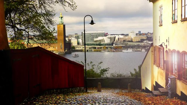 View of central Stockholm seen from an old cobble stone street located at the hills of Sodermalm
