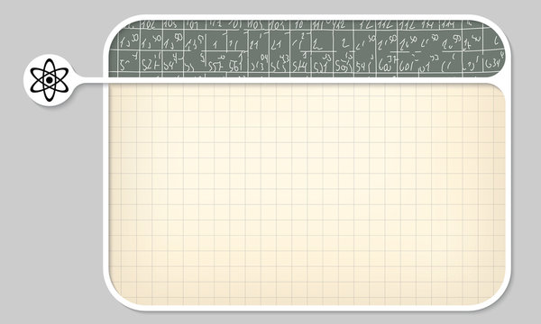 Gray text box for your text with science symbol and hand written