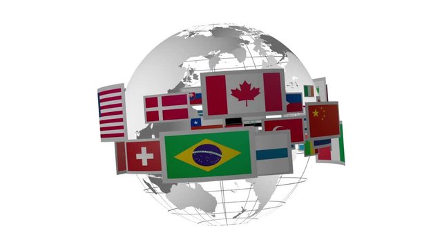 animation of a spinning grey globe with flags of different countries, full hd, loopable