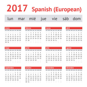 2017 European Spanish Calendar. Week starts on Monday