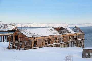 Fototapeta na wymiar Old wooden barn, village Teriberka, Murmansk region