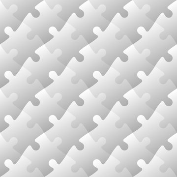 Jigsaw puzzle mosaic seamless background. Each of puzzle pieces in diagonal arrangement has own grey gradient. Simple flat vector illustration.