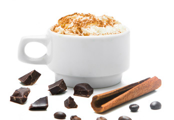 white cup of coffee with cream on a white background