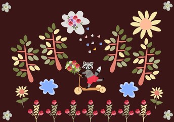 Cute cartoon raccoon riding a scooter with a bouquet of flowers as a gift. Greeting card. Autumn forest.