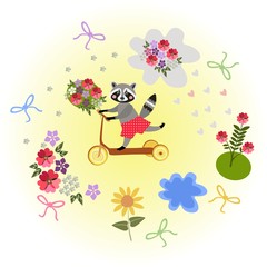 Cute cartoon raccoon riding by homemade scooter with bouquet  as a gift. Greeting card.