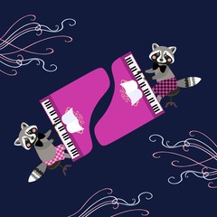 Cute cartoon raccoons - musicians. Beautiful card with cartoon animal characters playing grand piano. Vector illustration.