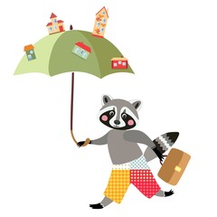 Cute raccoon architect. Beautiful card with cartoon animal character and town on umbrella.