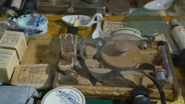 Collection of Old Medical Devices, Instruments and Drugs. the Old Pharmacy.