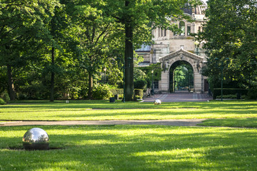 Bronx zoo center entrance.  It is the largest metropolitan zoo in the United States and among the largest in the world. Rhinoceros statue.