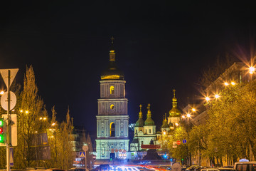 Fototapeta na wymiar Saint Sophia Sofia Cathedral Spires Tower Sofiyskaya Square Kiev