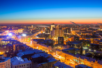 Fototapeta na wymiar Voronezh from rooftop, winter night, prospect of Revolution 