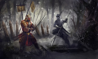 Ninja warrior fighting Samurai warrior  © vukkostic