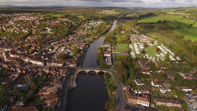 Tilting aerial view of Bewdley, UK.