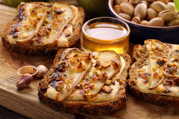 Breakfast crispy toast sandwich with pears