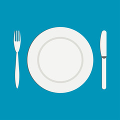 Knife and a fork near the empty plate on a white background. Flat illustration.