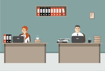 Web banner of two office workers. The young woman and man is an employees at work. There is furniture in beige color on a blue background in the picture. Vector flat illustration