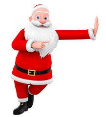 Cheerful Santa Claus leaned against and shows a finger on a whit