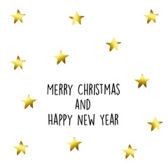 Luxury Christmas card with gold stars and hand drawn inscription Merry Christmas and Happy New Year. Vector illistration.