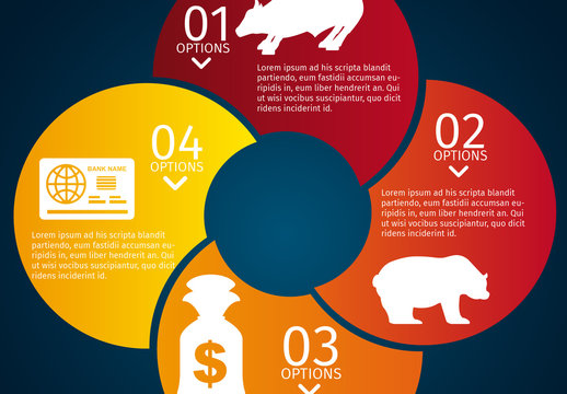Overlapping Half Circle Stock and Finance Infographic with Bull and Bear Icon Set