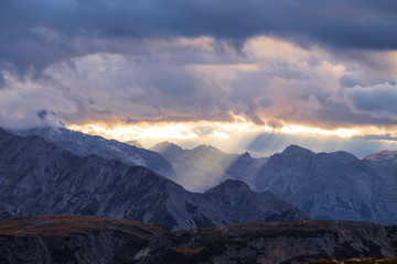 Mountains Panorama of the Dolomites at Sunrise with clouds