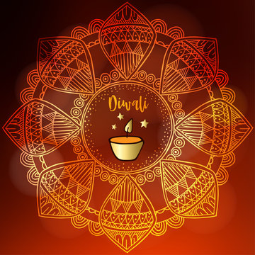 Happy Diwali greeting card, invitation. Indian Festival of lights. Diya oil lit lamps and hand drawn rangoli floral ornament.
