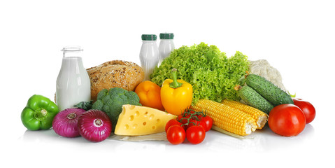 Vegetables and dairy products isolated on white