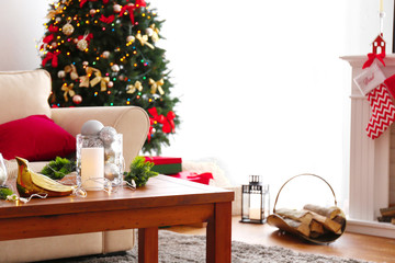 Christmas room with decorated wooden table