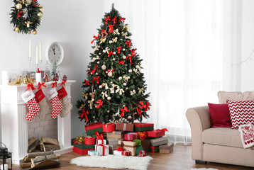 Decorated Christmas room with beautiful fir tree