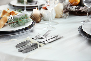 Table served for Christmas dinner, close up view