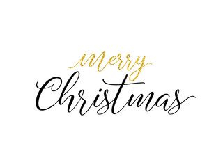 Naklejka na ściany i meble Merry Christmas greeting card. Typographic vector design, golden glitter lettering.