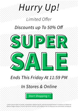 Vector Super Sale Discounts Up To 50 percent off banner for online stores, websites, retail posters, social media ads. Creative banner layout for m-commerce, mobile promotions