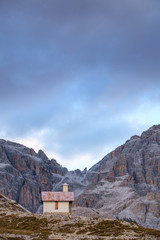 Chapel at Tre Cime di Lavaredo peaks in Dolomites