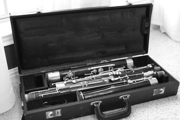 Bassoon disassembled in case with lid open