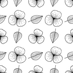 Vector floral seamless pattern. Black and white background with flowers, leaves. Hand drawn contour lines and strokes. Graphic vector illustration