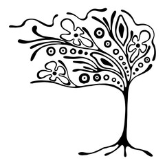 Vector hand drawn illustration, decorative ornamental stylized tree. Black and white graphic illustration isolated on the white background. Inc drawing silhouette. Decorative artistic ornamental wood