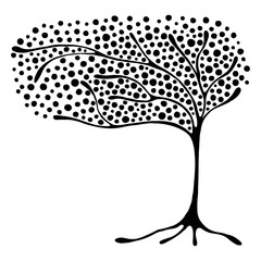 Vector hand drawn illustration, decorative ornamental stylized tree. Black and white graphic illustration isolated on the white background. Inc drawing silhouette. Decorative artistic ornamental wood - 124949163