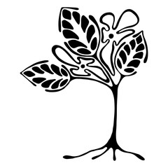 Vector hand drawn illustration, decorative ornamental stylized tree. Black and white graphic illustration isolated on the white background. Inc drawing silhouette. Decorative artistic ornamental wood