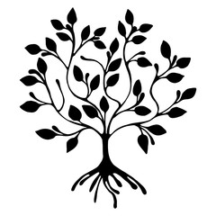 Vector hand drawn illustration, decorative ornamental stylized tree. Black and white graphic illustration isolated on the white background. Inc drawing silhouette. Decorative artistic ornamental wood - 124949522